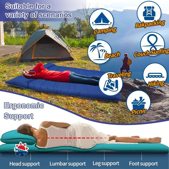 Ultralichte Zelfopblazende Slaapmat 1200g - Opvouwbaar met voetperspomp voor Kamperen en Wandelen - Autotochten - Tent - Blauw van Meisohua — afbeelding 2