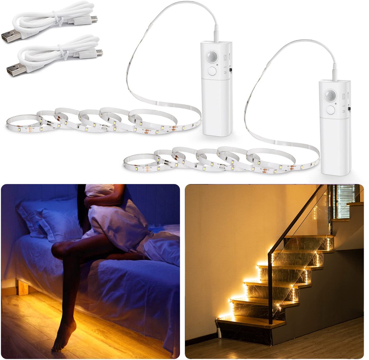 carmdering - LED Strip Met Bewegingsmelder - Oplaadbare Sensor Verlichting - Flexibele LED Band - Automatische PIR Detectie - Handmatige Bediening - Zelfklevende PCB - Warmwit 2700K Licht - Gereedschaploze Montage - 2 Stuks