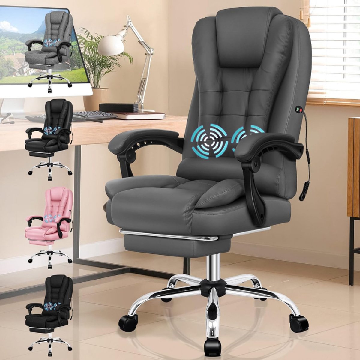 Ergonomische Bureaustoel Gaming Stoel Computerstoel Draaistoel Met Massagefunctie Hoogte Verstelbaar Comfortabel PU Leer Grijs