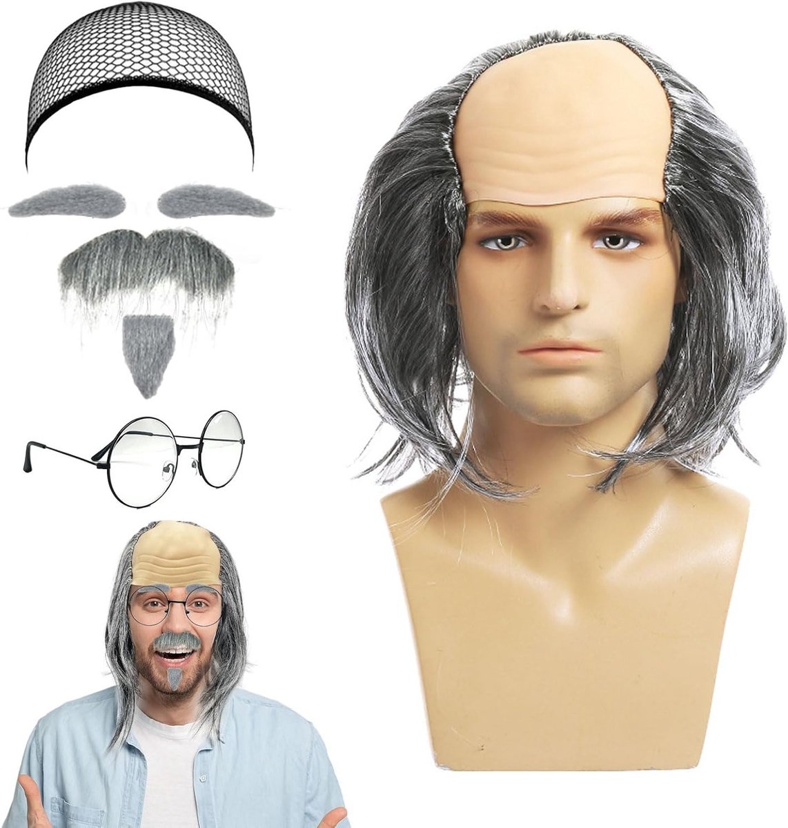 7-delige Half Bald Wig Set voor Mannen - Grijze Baard, Neppetjes, Wenkbrauwen en Bril voor Oudeman Kostuum, Wetenschapper en Professor Accessoires