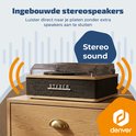 Platenspeler met ingebouwde stereospeakers en een houten afwerking, die geluid weergeeft.