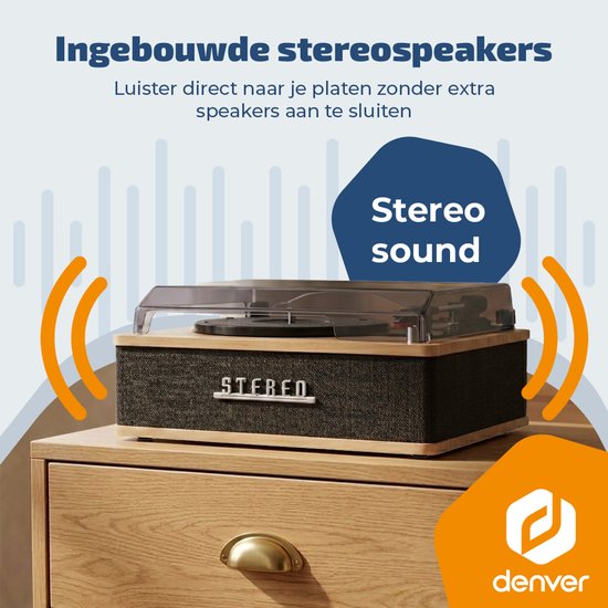 Platenspeler met ingebouwde stereospeakers en een houten afwerking, die geluid weergeeft.