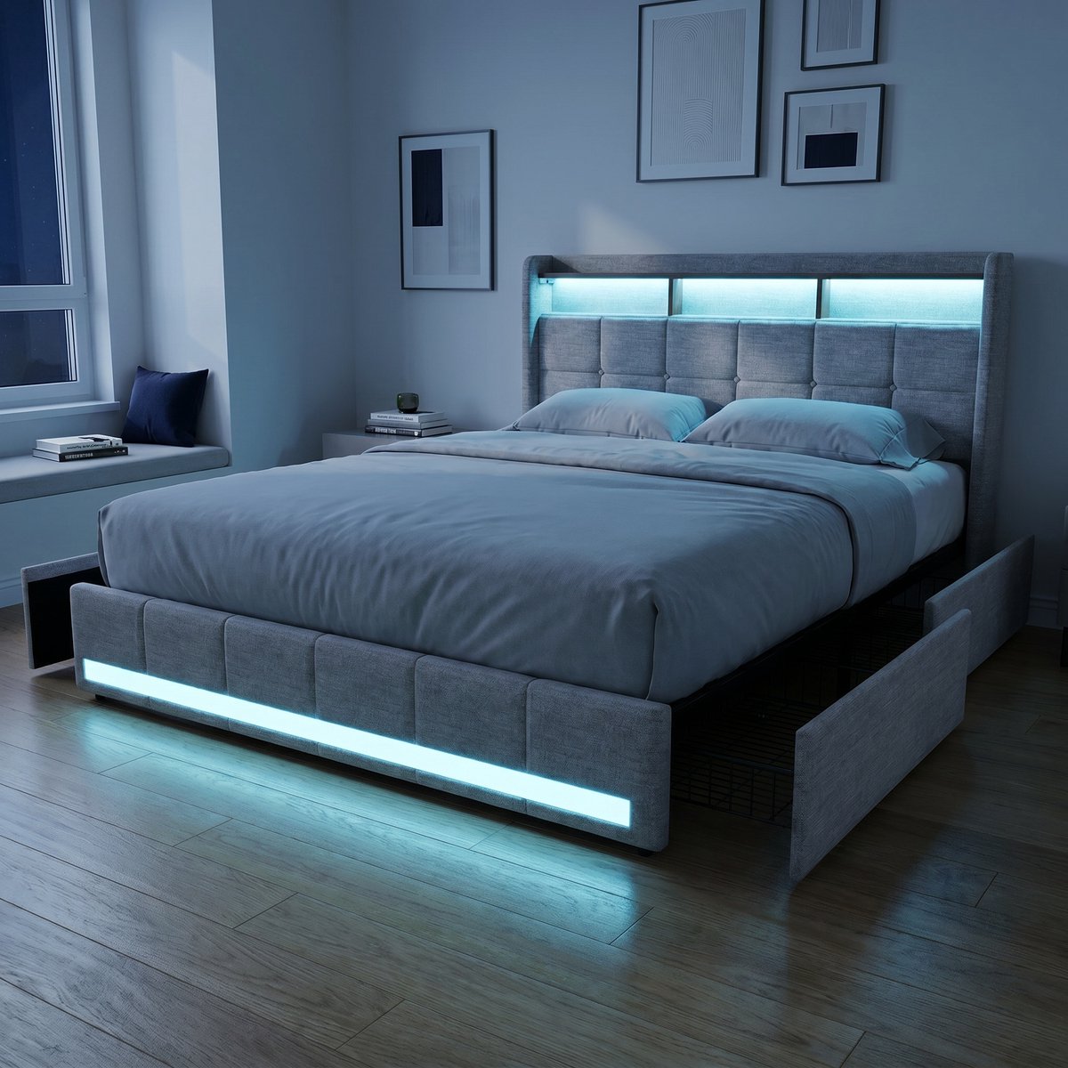 Mofor Gestoffeerd Opbergbed 140x200 cm met 4 lades - Tweepersoonsbed met RGB LED en Lattenbodem - Hoofdbord met plank en USB - Modern - Linnen - Beige