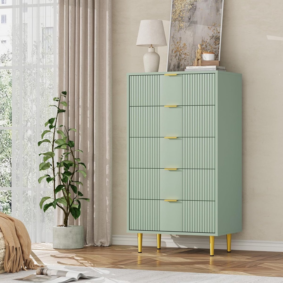 Moderne Ladekast met 5 Laden - Commode van MDF Eikenlook met Metalen Handgrepen - Opbergkast voor Slaapkamer, Woonkamer en Kantoor - 112 x 41 x 60 cm - Olijfgroen