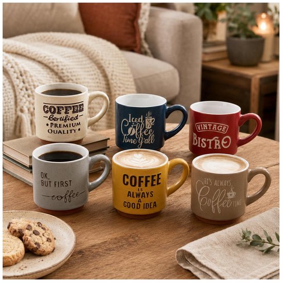 Zes koffiemokken met teksten zoals 'Coffee certified premium quality', 'Iced Coffee time y'all', 'Vintage Bistro', 'It's always Coffee time', 'Coffee is always a good idea', en 'Ok, but first coffee', op een houten tafel.