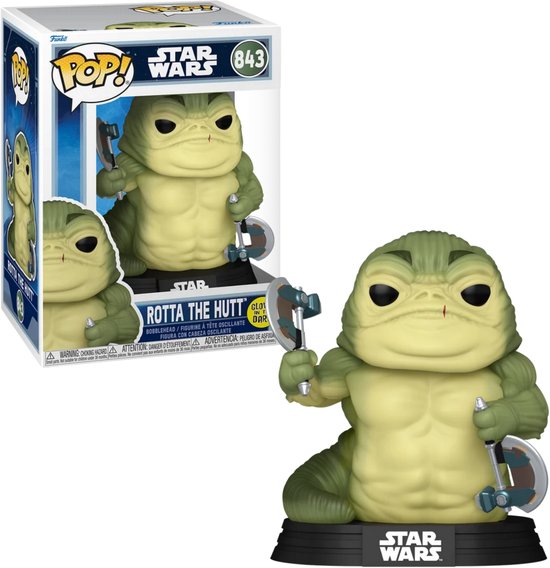 Rotta the Hutt Funko Pop! figuur (843) in verpakking en los. Groen, gespierd, met twee bijlen. Gloeit in het donker.