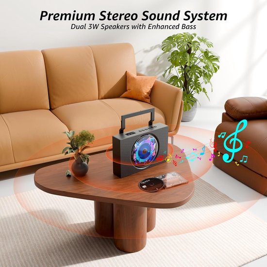 Draagbare cd-speler met Bluetooth - Oplaadbare cd-speler met FM-radio, USB, AUX en afstandsbediening - Stereogeluidssysteem met 4000 mAh-batterij - Ondersteunt cd/cd-r/cd-rw/mp3/wma（Zwart） — afbeelding 2