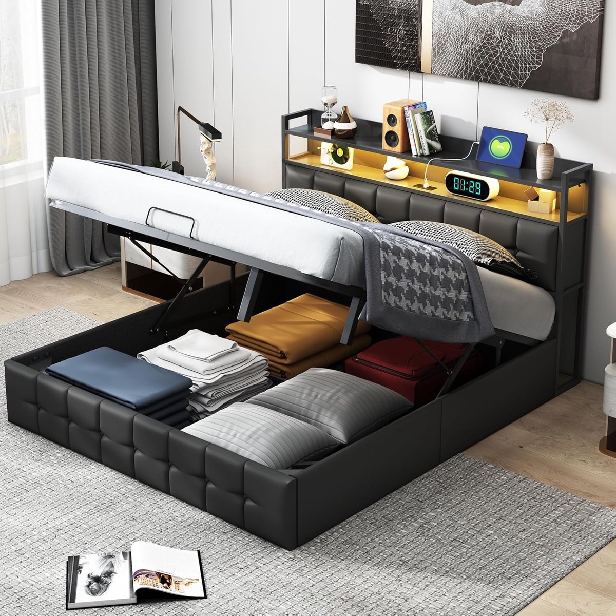 Tweepersoonsbed - Bedframe met opbergruimte - Slaapkamer organiseren - Geïntegreerde LED en USB - 140 x 200 cm - Zwart