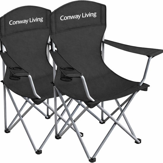 Twee zwarte Conway Living campingstoelen met zilverkleurig frame en bekerhouders.