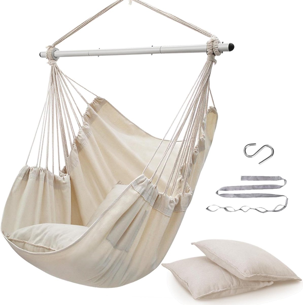 Hangmat Stoel - Schommelstoel Zonder Standaard - Ontspannen Buiten - Extra Sterke Stalen Stang - Max 226kg - Beige