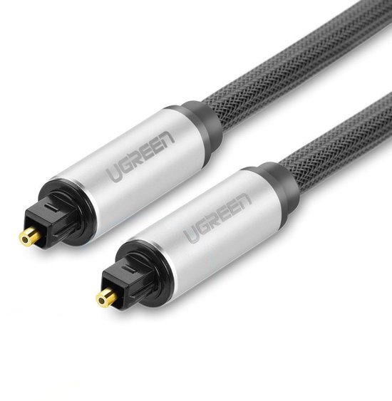 Twee zilverkleurige UGREEN optische audiokabels met zwarte gevlochten mantel.