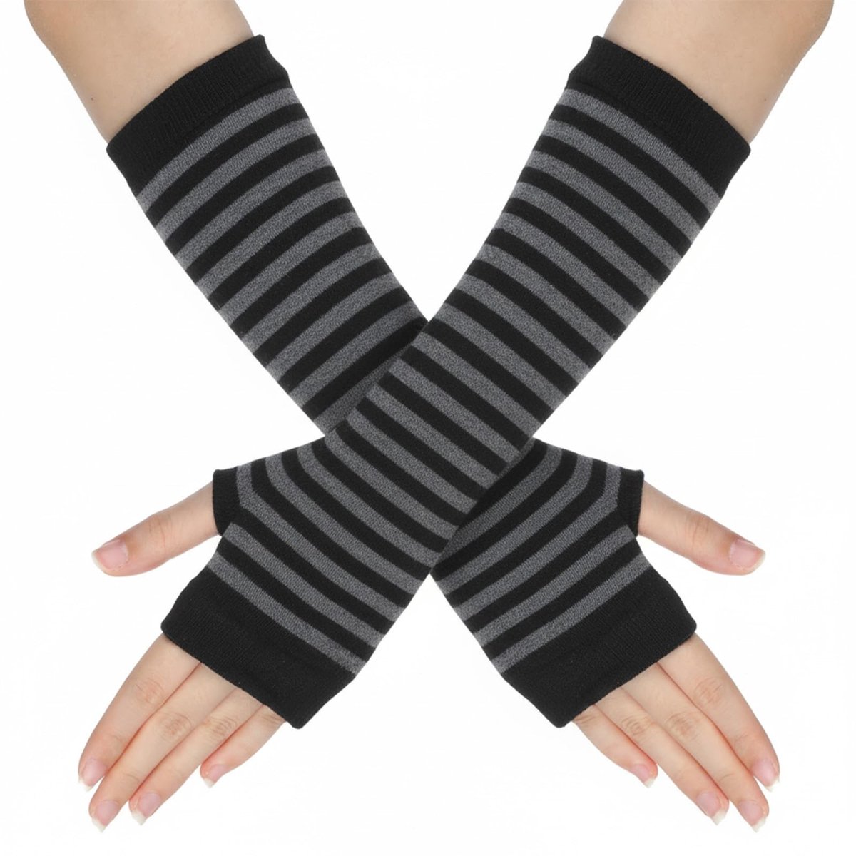 Dailygoods- Armwarmers met duimgat - Vingerloze Handschoenen Dames - Gebreide Lange Armwarmers - Y2K Gestreept - Katoen - 34 x 9 cm