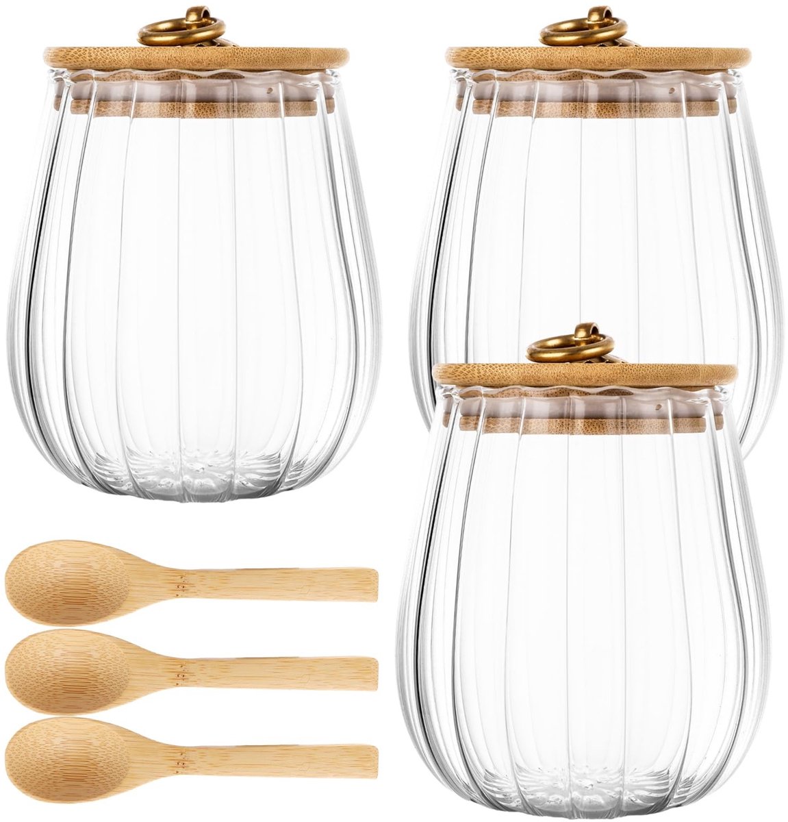Dailygoods- Voorraaddozen Luchtdicht - Glazen Pot - Decoratieve Opbergpotten - Houten Deksel - 650 ml - Set van 3 met Lepels - Opbergpot