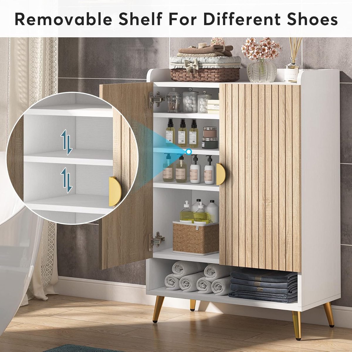 Schoenenkast House&Garden Nordic Luxe XL – Grote Houten Schoenenkast met 2 Deuren & 7 Planken – Schoenenrek voor 25 Paar Schoenen – Smalle Hoge Hal Kast – 110 x 37 x 75 cm – Wit/Houtkleur
