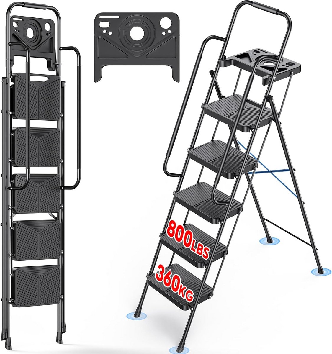 Trapladder 5 treden - Opvouwbare ladder - Klusjes in huis - Met leuningen en platform - 362 kg draagkracht - Zwart