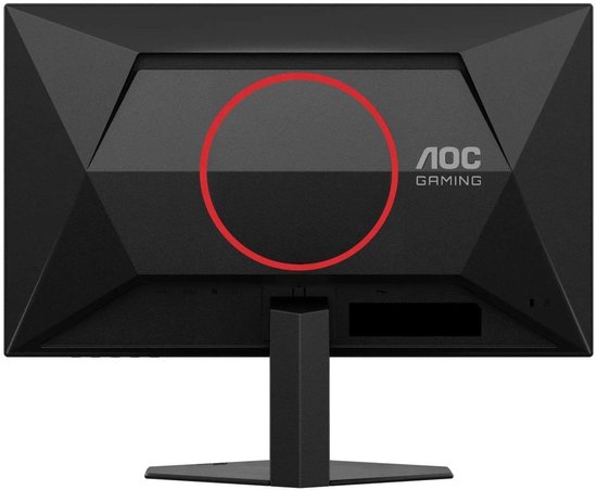 Zwarte monitor achterkant met AOC Gaming logo en rode cirkel.