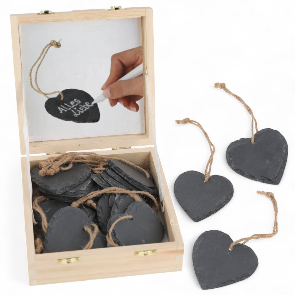 Dailygoods- Harten set van 18 - Leisteen harten 7 x 7 cm - Jute lint