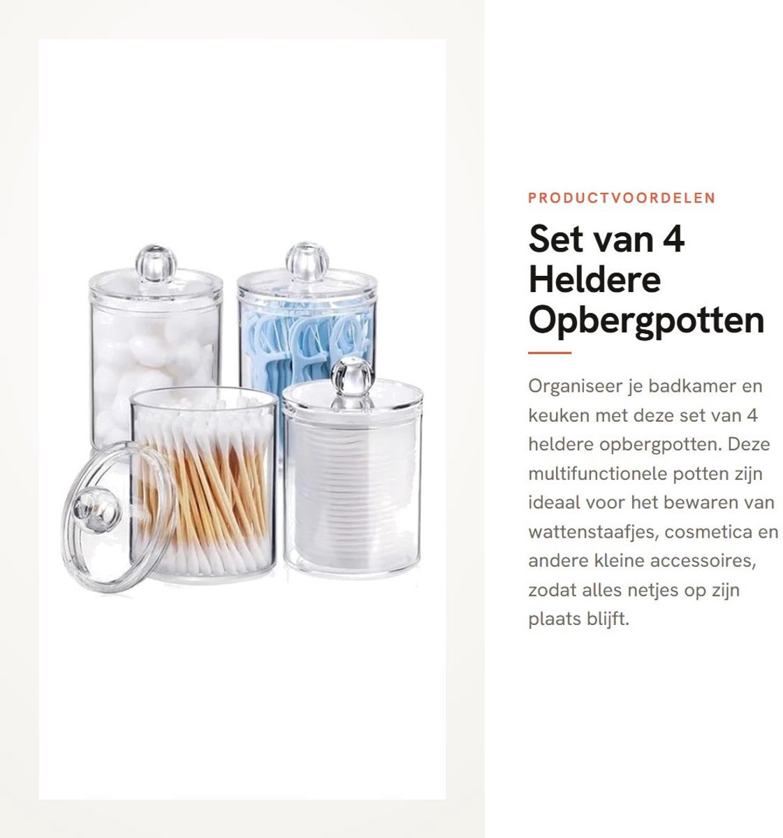 Dailygoods- Opbergpot Set van 4 - Glazen Uiterlijk - Stevig PS Plastic - Badkamerpotten - Keukenopbergpotten - Transparant Ontwerp - Opbergcontainer