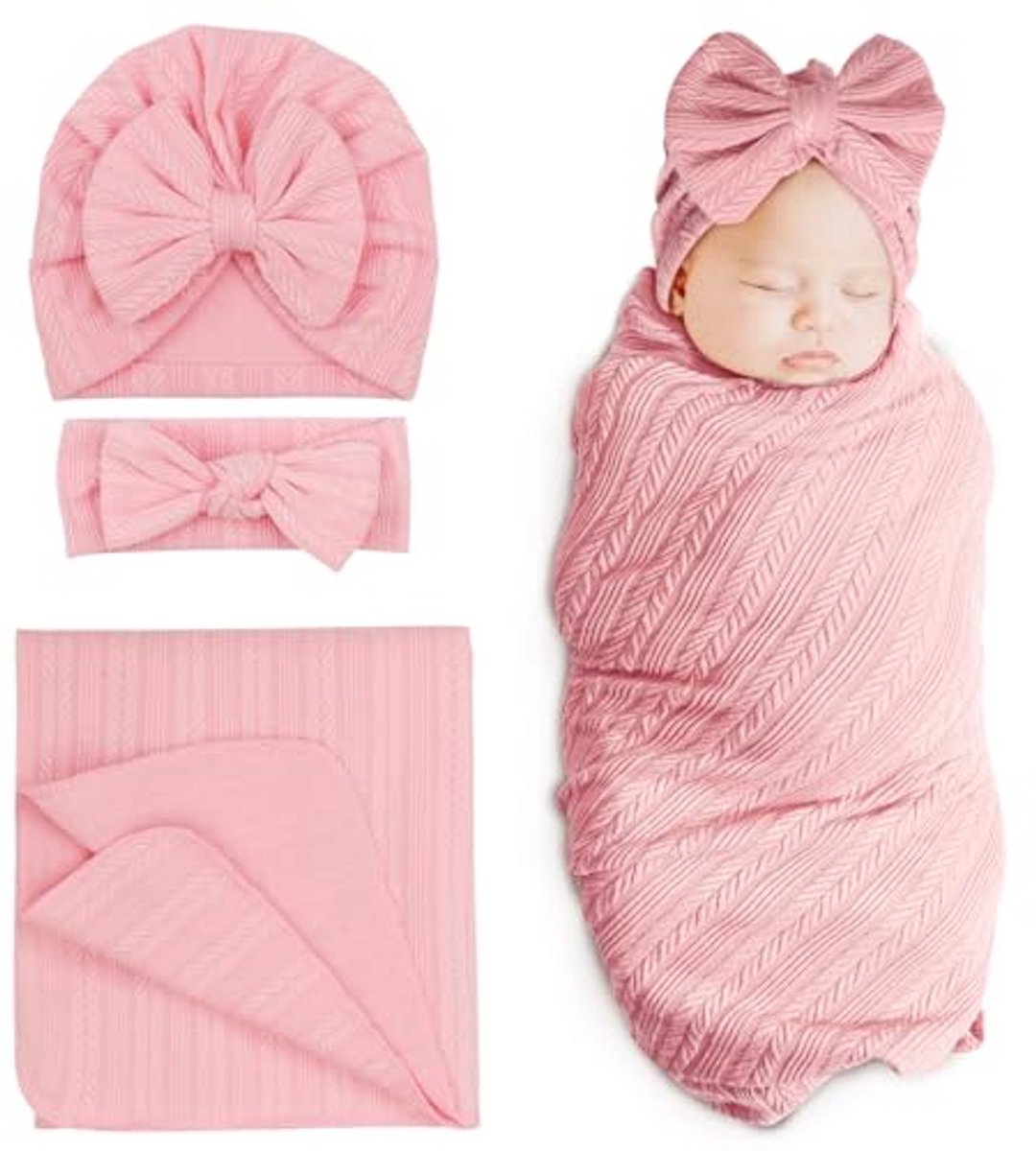 Baby Deken - Wikkeldoek Muts - Baby Welkom - Zachte Stof - 80 cm - Roze