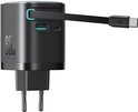 Zwarte Joyroom GaN-oplader met 65W-markering, twee USB-A-poorten en één USB-C-poort, met een zwarte USB-C-kabel.