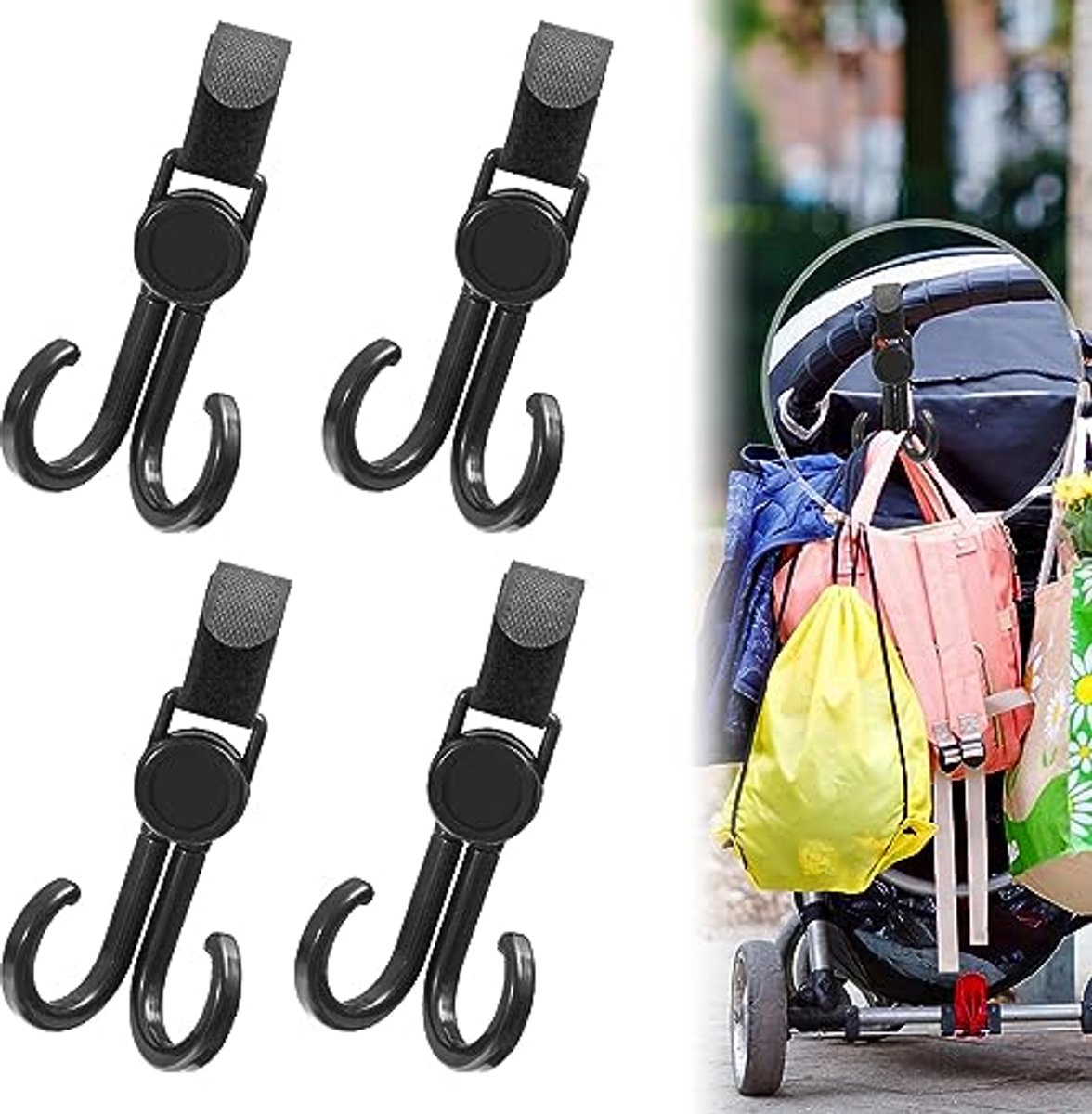 Kinderwagenhaken - Baby accessoires - Spullen ophangen - Set van 4 - Universeel - Zwart