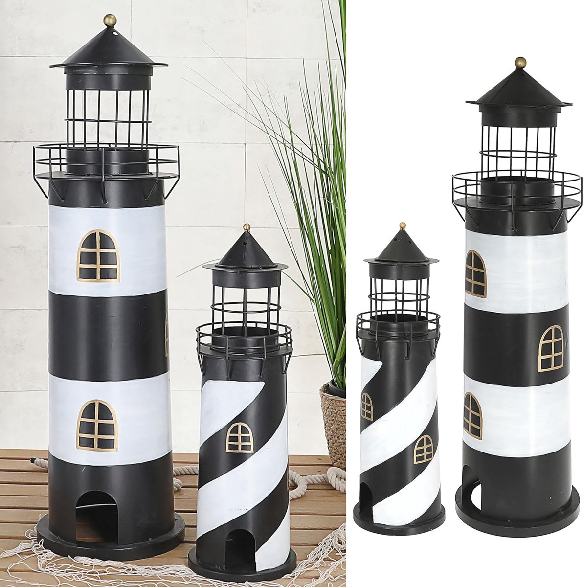 Lighthouse set - Windlichten decoratie - Maritieme sfeer - Twee maten - 46 en 73 cm - Zwart wit