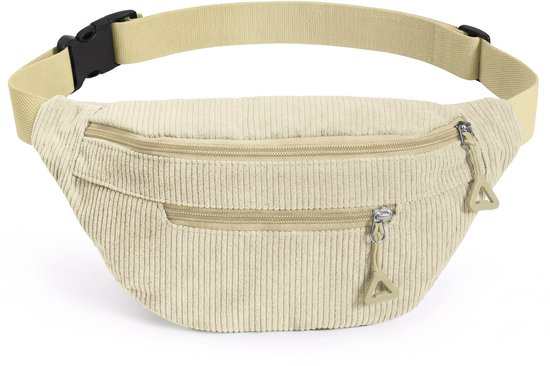 Sac banane en velours côtelé beige avec deux compartiments zippés et une sangle réglable.