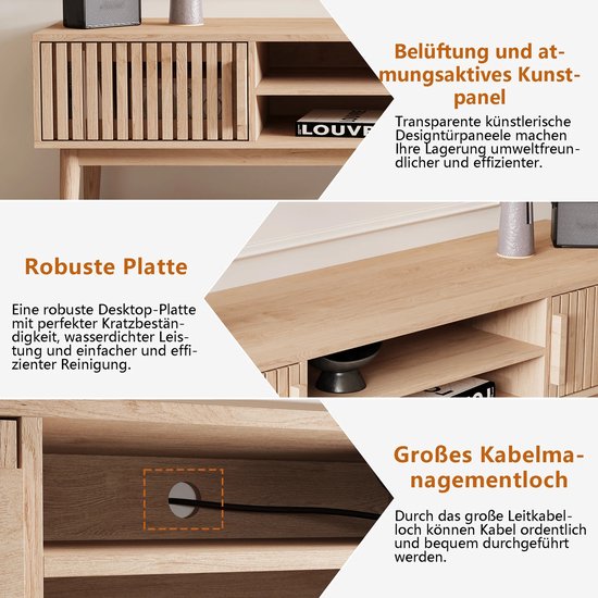 Houten tv-meubel met lamellen deuren en verstelbare planken. Met "Belüftung und at-mungssaktives Art-panel" tekst.