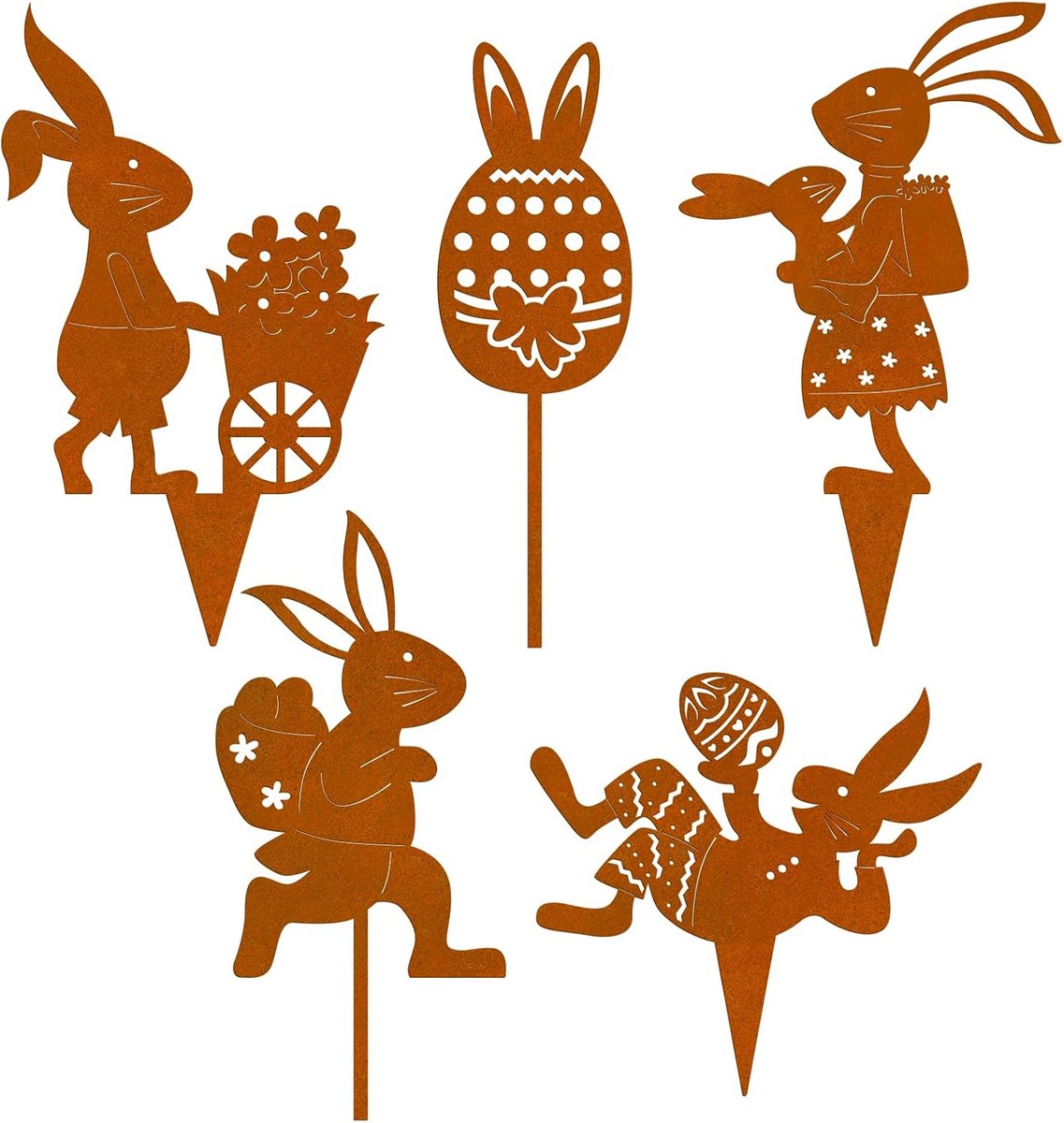 Paashaas decoratie - Paasfiguren - Tuin versieren - Roest patina afwerking - 5-delige set - Bruin