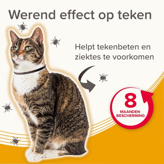 Kattenhalsband met een cirkel van '8 maanden bescherming'. Illustraties van teken rondom de kat. Tekst: 'Werkend effect op teken Helpt tekenbeten en ziektes te voorkomen'.