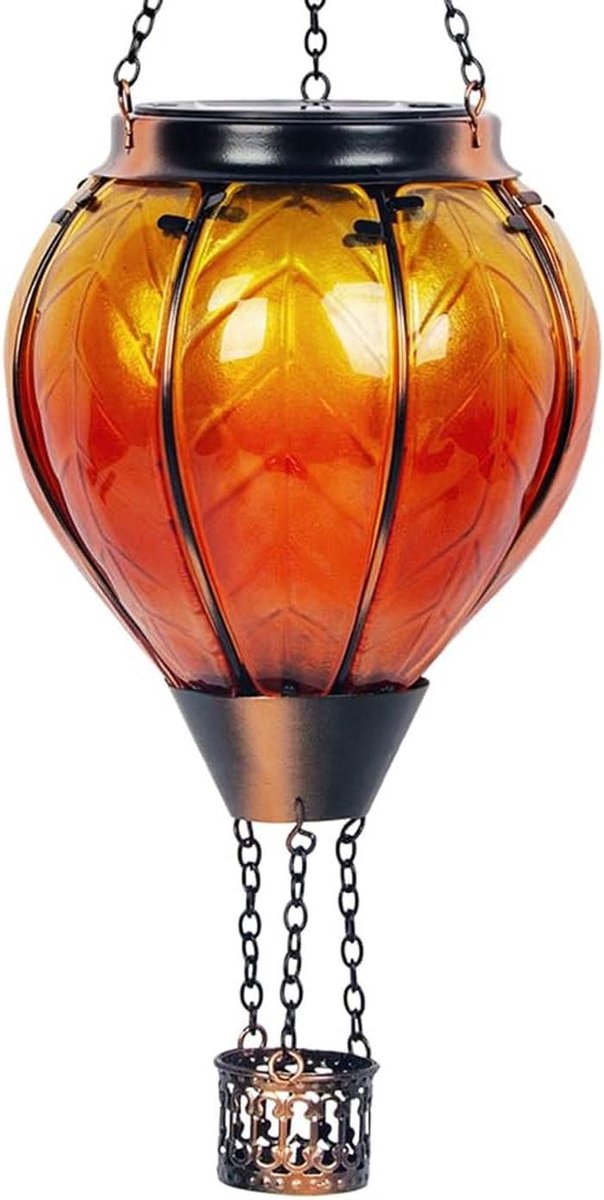 Lantaarn Heteluchtballon - Zonnelamp Glas - Buiten Decoratie - Flikkerend Vlam Effect - 45 cm Hoog - Oranje