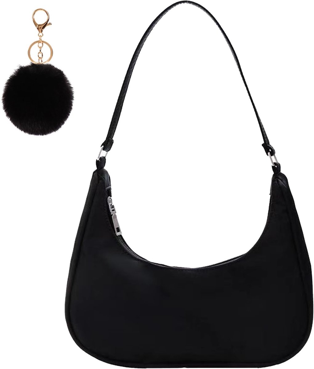 Dailygoods- Schoudertas met ritssluiting - Nylon - Zwart - Casual tas - Ruim en veelzijdig - Inclusief pluizige bal - Handtas