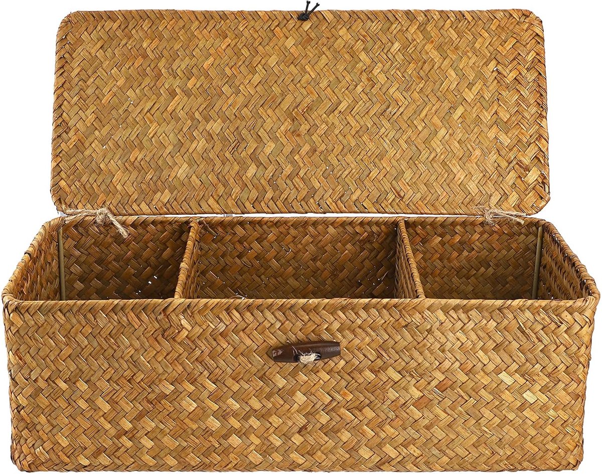 Rieten Opbergmand met Deksel – 3 Compartimenten, Compact & Stijlvol – Natuurlijke Mand voor Bureau, Make-up, Snacks en Huishoudelijke Organisatie
