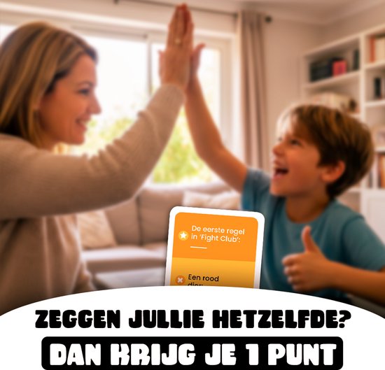Een moeder en zoon geven elkaar een high five. Een kaart met tekst "De eerste regel in 'Fight Club':".