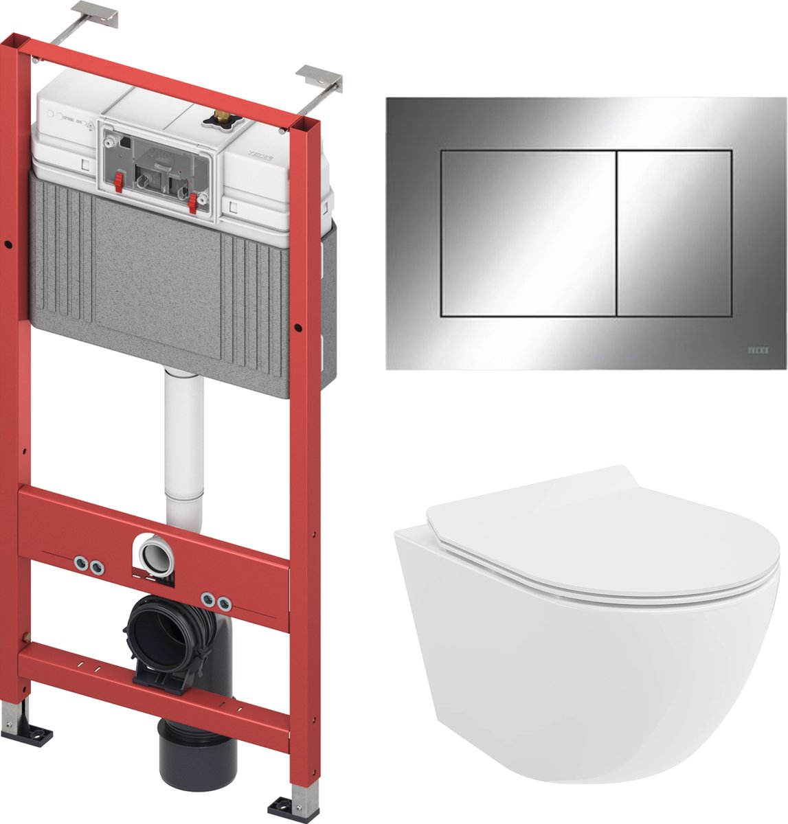 Badland Rolo toiletset - wandtoilet met TECEbase inbouwreservoir en bedieningsplaat chroom - wit, vierkante knoppen