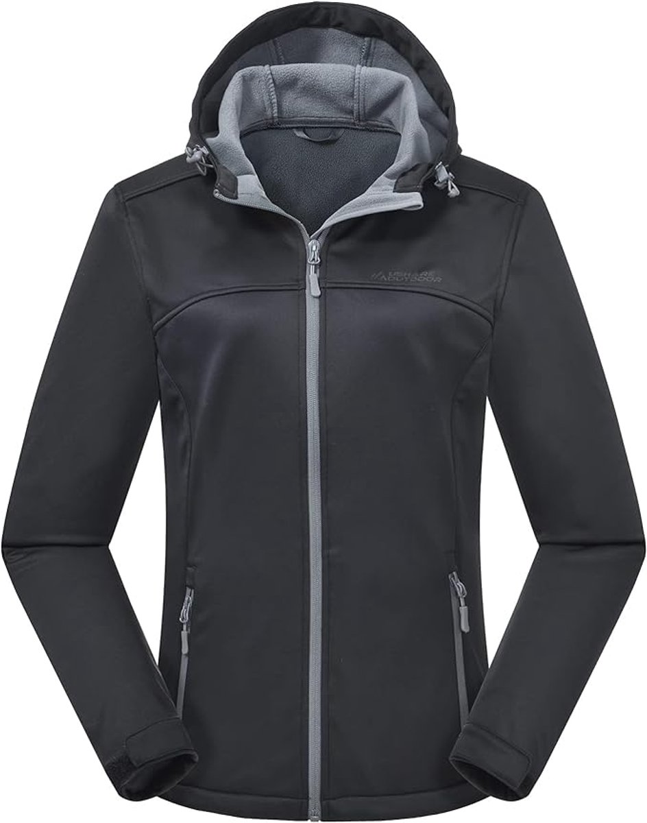 Daity Regenjas dames softshell fleece gevoerd tussenjack met capuchon Zwart