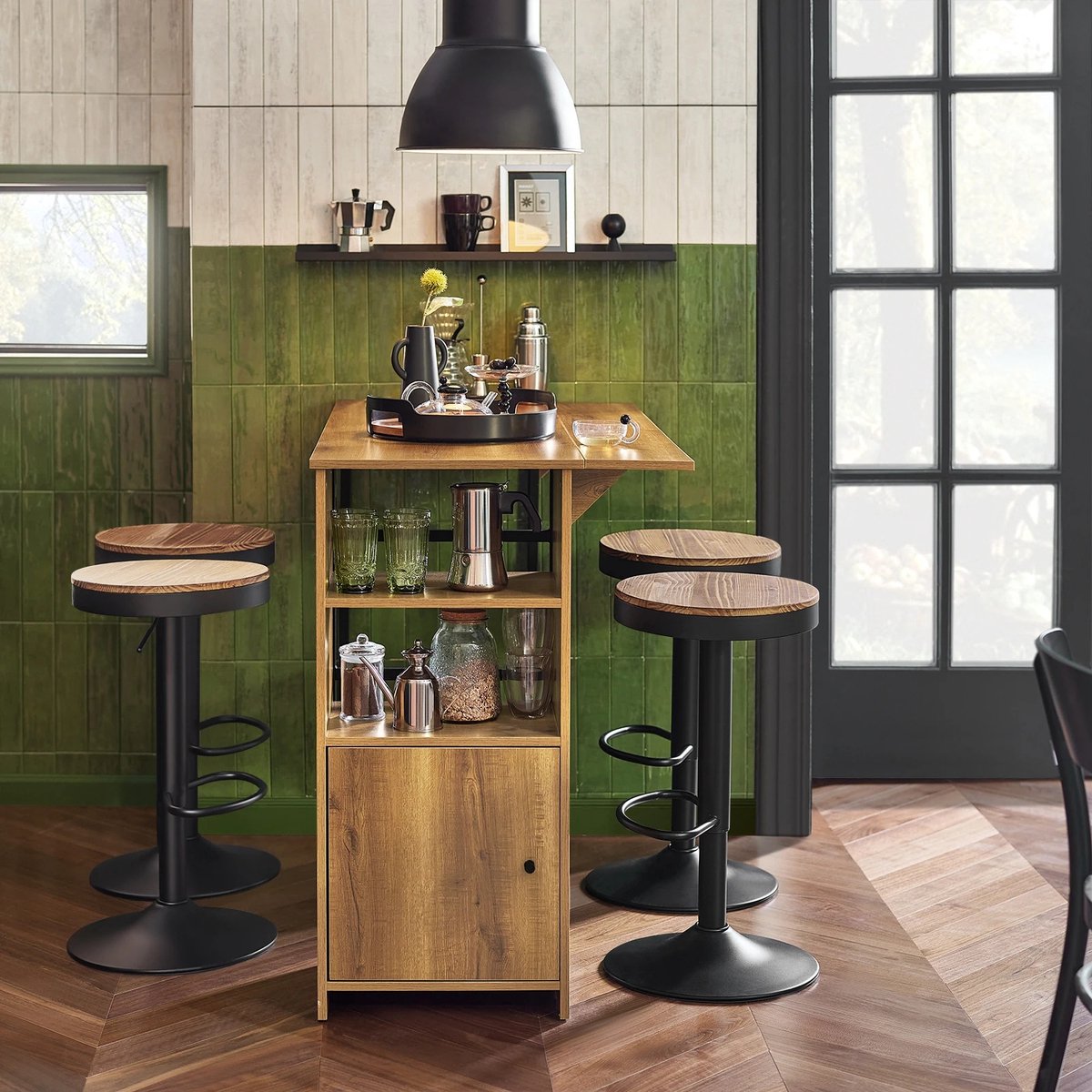 Questyr Uitschuifbare Bartafel – Industrieel Design – Hoge Tafel / Eettafel – Stevig Metaal Frame – Bruin Bruin houtlook