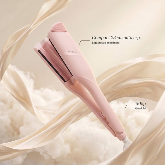 Roze Sansbeauté haarstyler van 28 cm, 505 gram, omringd door zijden linten.