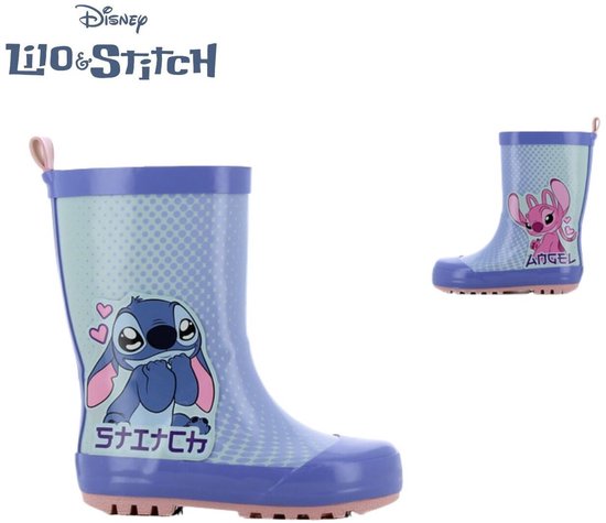 Paarse kinderrengenlaarzen met opdruk van Stitch en Angel, met stippen.