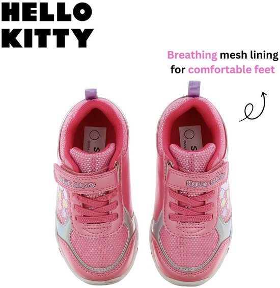Roze Hello Kitty sneakers met klittenband en veters. Mesh voering voor comfortabele voeten.