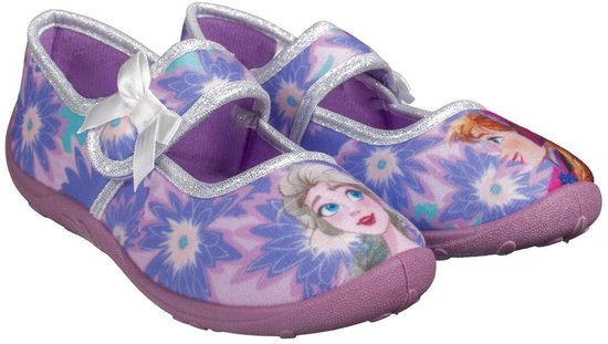 Paarse Frozen pantoffels met bloemenprint, afbeeldingen van Anna en Elsa, en een witte strik.