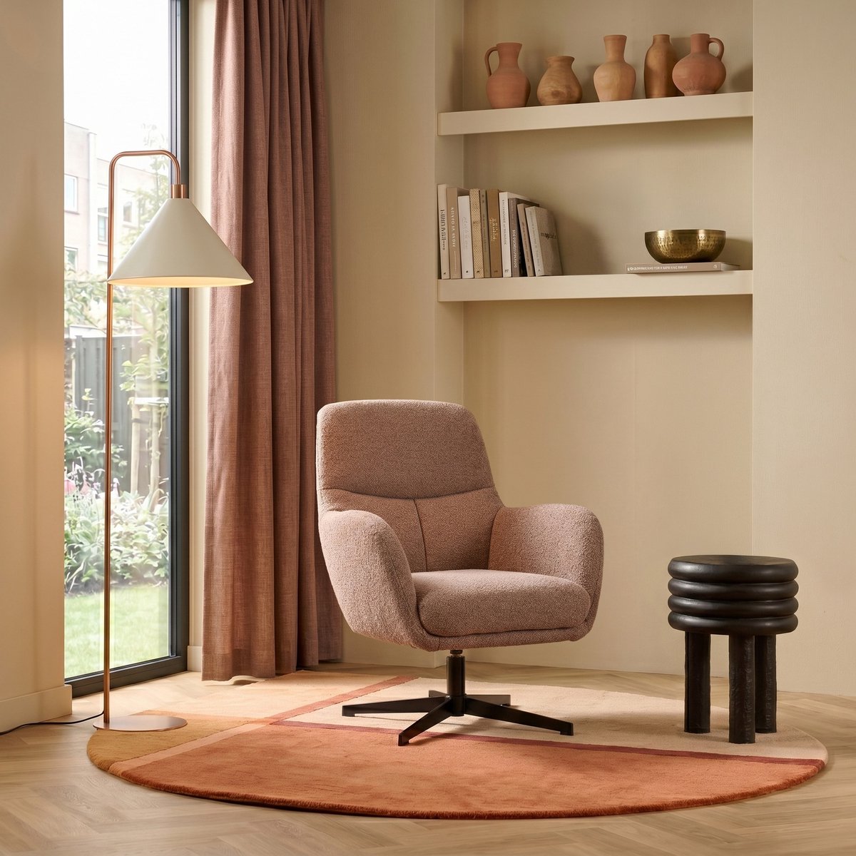 Draaifauteuil Laag Coco - Cognac Stoffen Fauteuil - Draaibaar