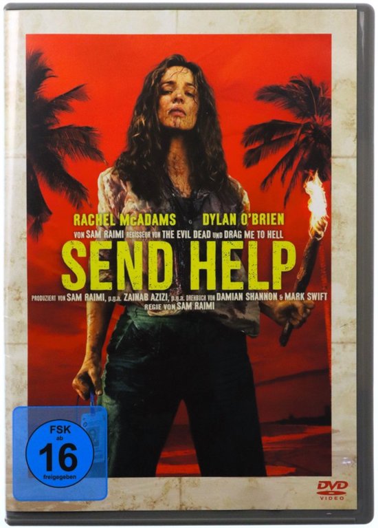 Rachel McAdams staat op een poster met een fakkel in haar hand, met palmbomen op de achtergrond en rode lucht. "SEND HELP" staat erop. FSK 16-logo.