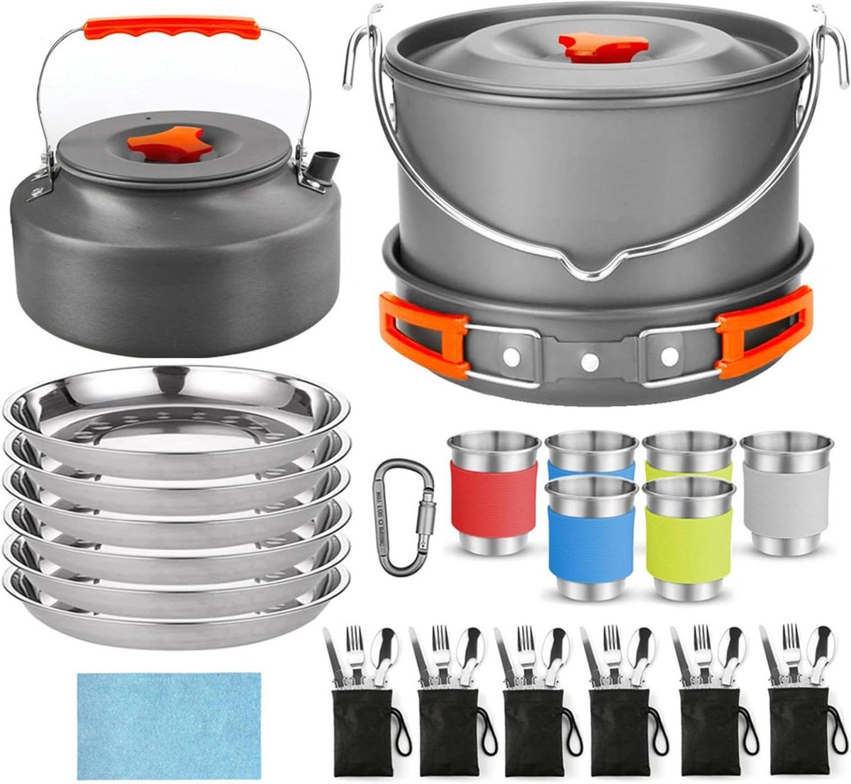 Kampeerpannenset - Buiten kookset - Kamperen en wandelen - 48-delige complete set - Voor 6-8 personen - Oranje