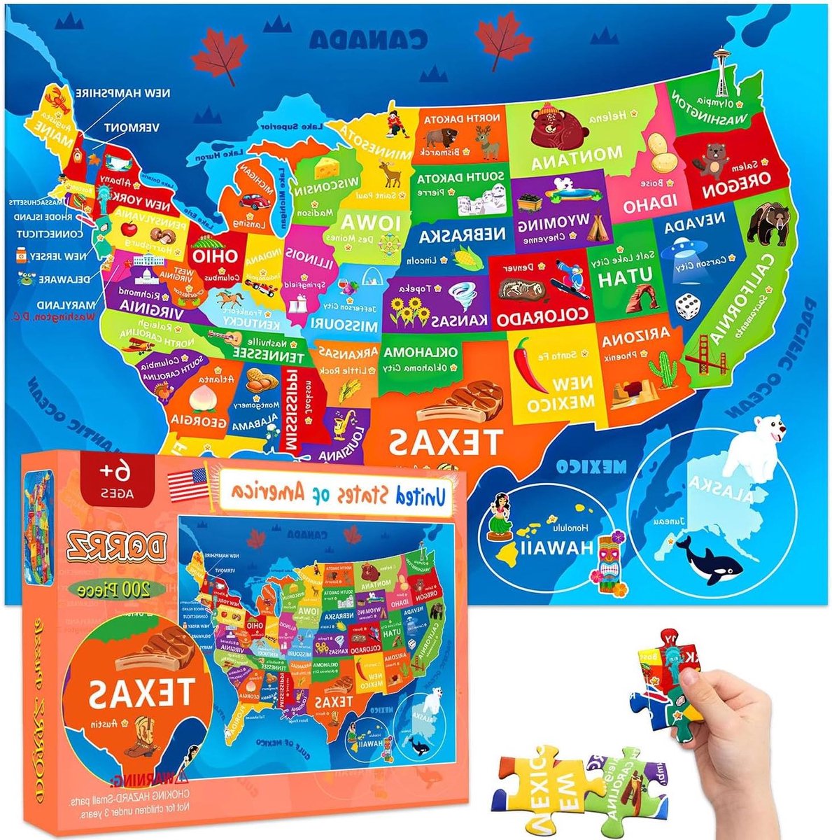 Kaart Puzzel - Educatieve Puzzel - Geografie Leren - 200 Stukjes - 49x35 cm - Multicolor