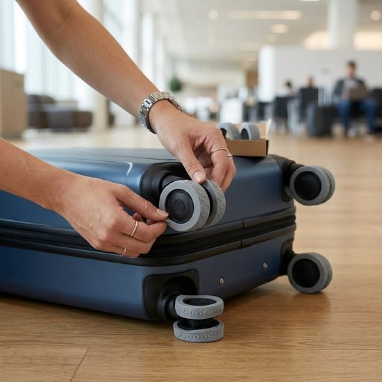 Grijze beschermhoes bolderkar wiel set van 8 siliconen wielbeschermers geluidsreducerende wielhoezen geschikt voor bolderkar kinderwagen bagagekar bureaustoel en trolley schokbestendige wiel bescherming — afbeelding 4
