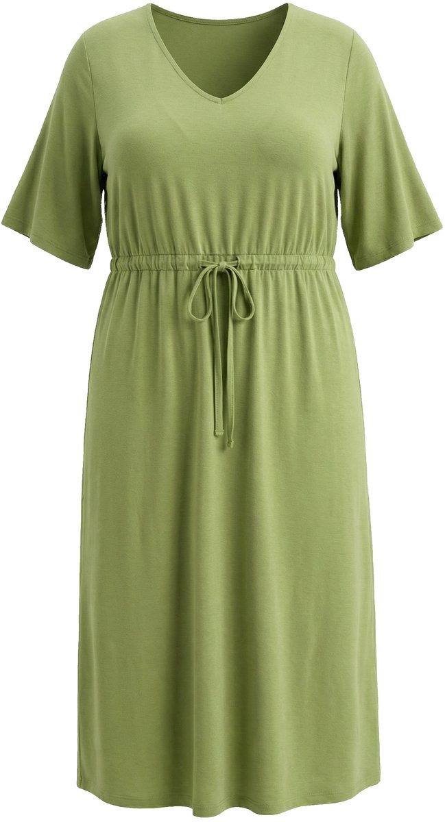 Ulla Popken - Dames - Maxi-jurk A-lijn V-hals korte mouw - Grasgroen - Maat 58+