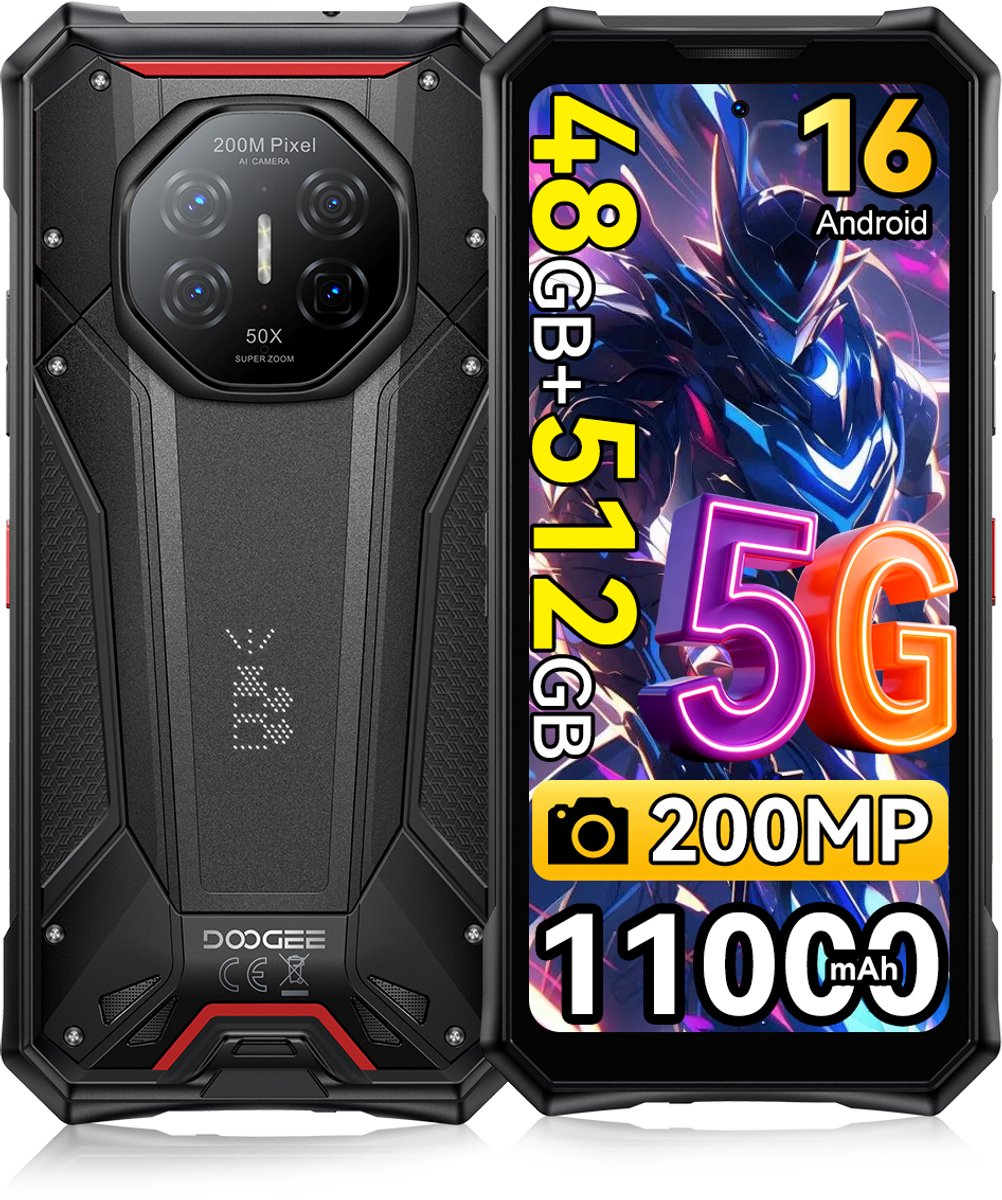 DOOGEE S300 PRO Robuuste smartphone 5G - 6.78 inch FHD+ 120Hz - 48GB RAM - 512GB ROM - 11000mAh 66W - Android 16 - 200MP+36MP Camera - Outdoor Smartphone IP68/IP69K - Dual Sim Telefoon - NFC GPS - Zwart