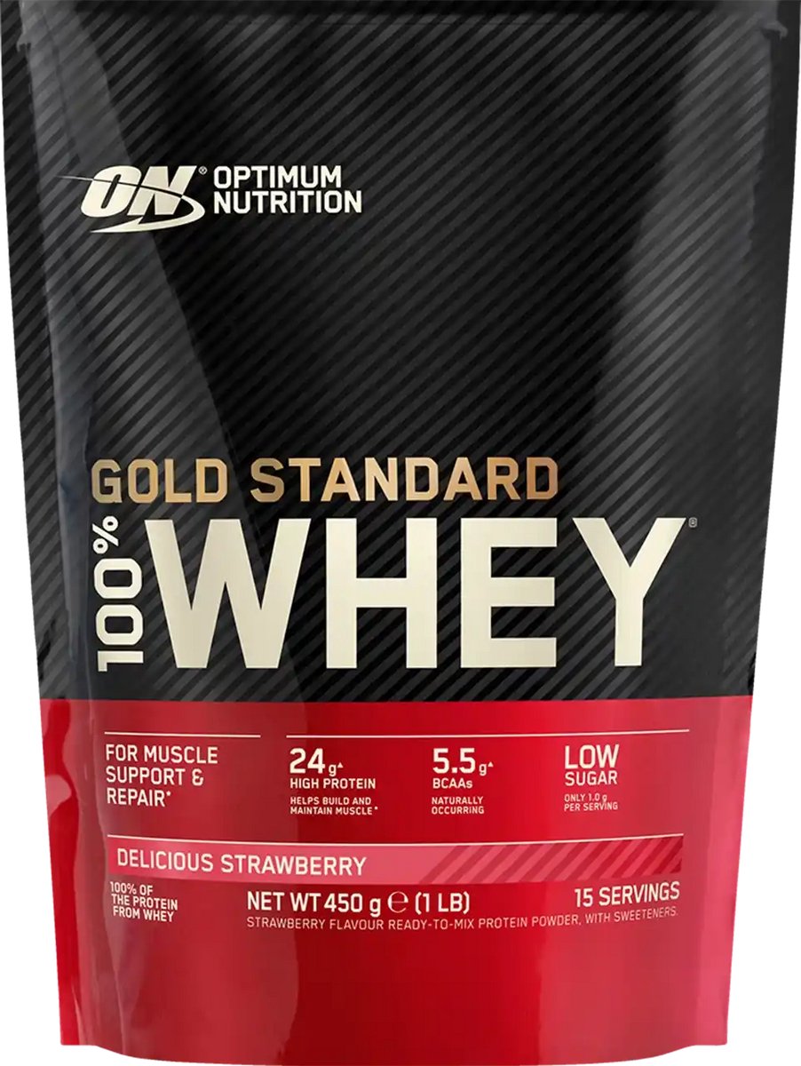 Bol.com Optimum Nutrition Gold Standard 100% Whey Protein - Delicious Strawberry - Proteine Poeder - Eiwitshake - 465 gram (15 s... aanbieding