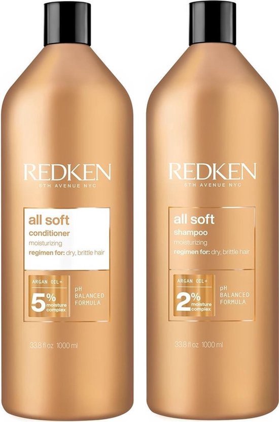 Deux bouteilles dorées Redken : après-shampoing et shampoing, 1000ml chacune.